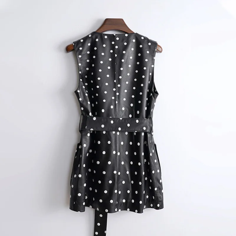 Genuine Leather mini Dress for Women French Round Neck Sleeveless Small Dots Slim Skirts Retro Floral Buttons Vestidos Cortos