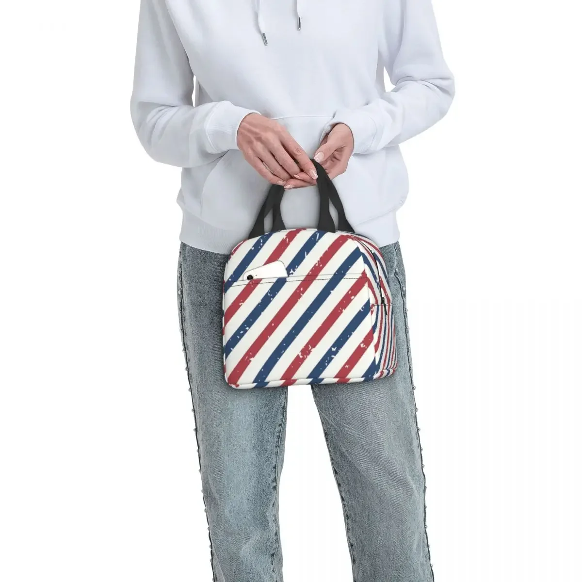 Custom Blue Red Stripe Hairdresser Barber Lunch Bag Men Women Warm Cooler Insulated Lunch Boxes for Children School