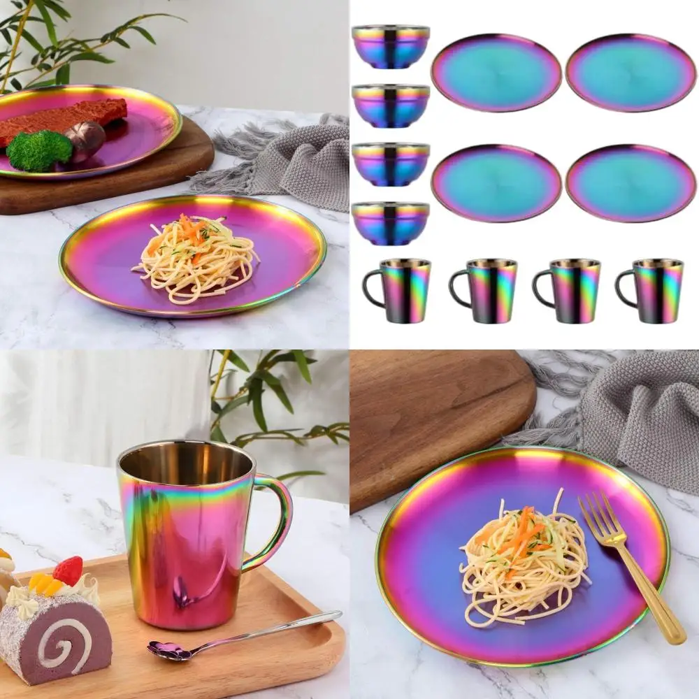 

Набор столовой посуды из нержавеющей стали: 4 тарелки, 4 миски, 4 чашки для эспрессо, кухонная утварь из 12 предметов, Радуга