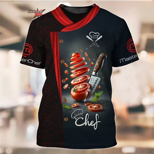 Imagen 2 del producto Divertido uniforme de trabajo de Chef, camisetas con estampado personalizado, camisetas informales holgadas con cuello redondo, camisetas de manga corta a la moda para cocinero de gran tamaño