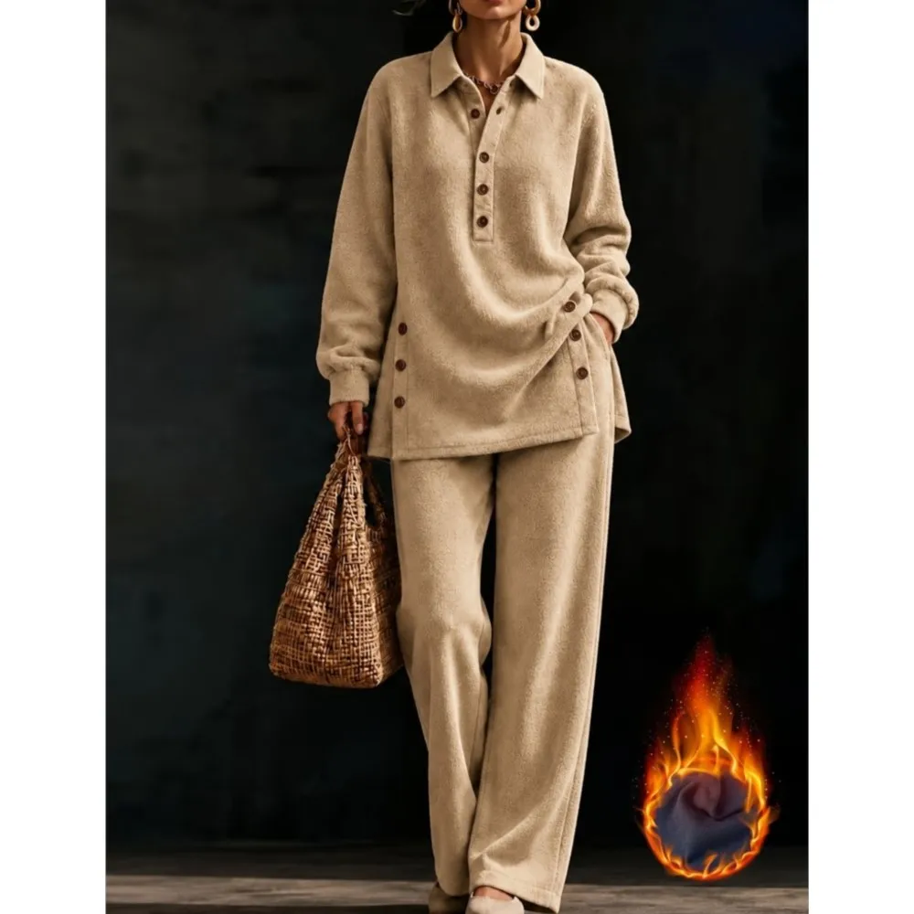 Women's Thick Warm Fleece 2 Piece Outfit Lapel Long Sleeve Side Buttons Blouse High Waist Wide Leg Pants Casual Home Track Suit