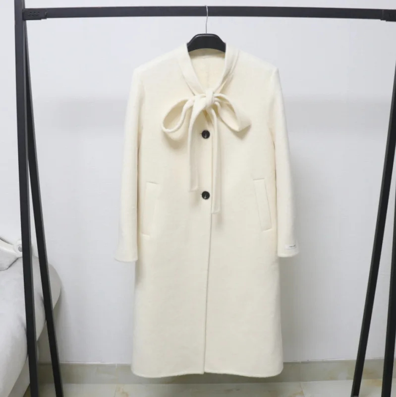 

Women's Autumn Winter Elegant Bowknot Single Breasted Long Sleeve Wool Coat Lady Streetwear Solid Color Loose Wool Outwear