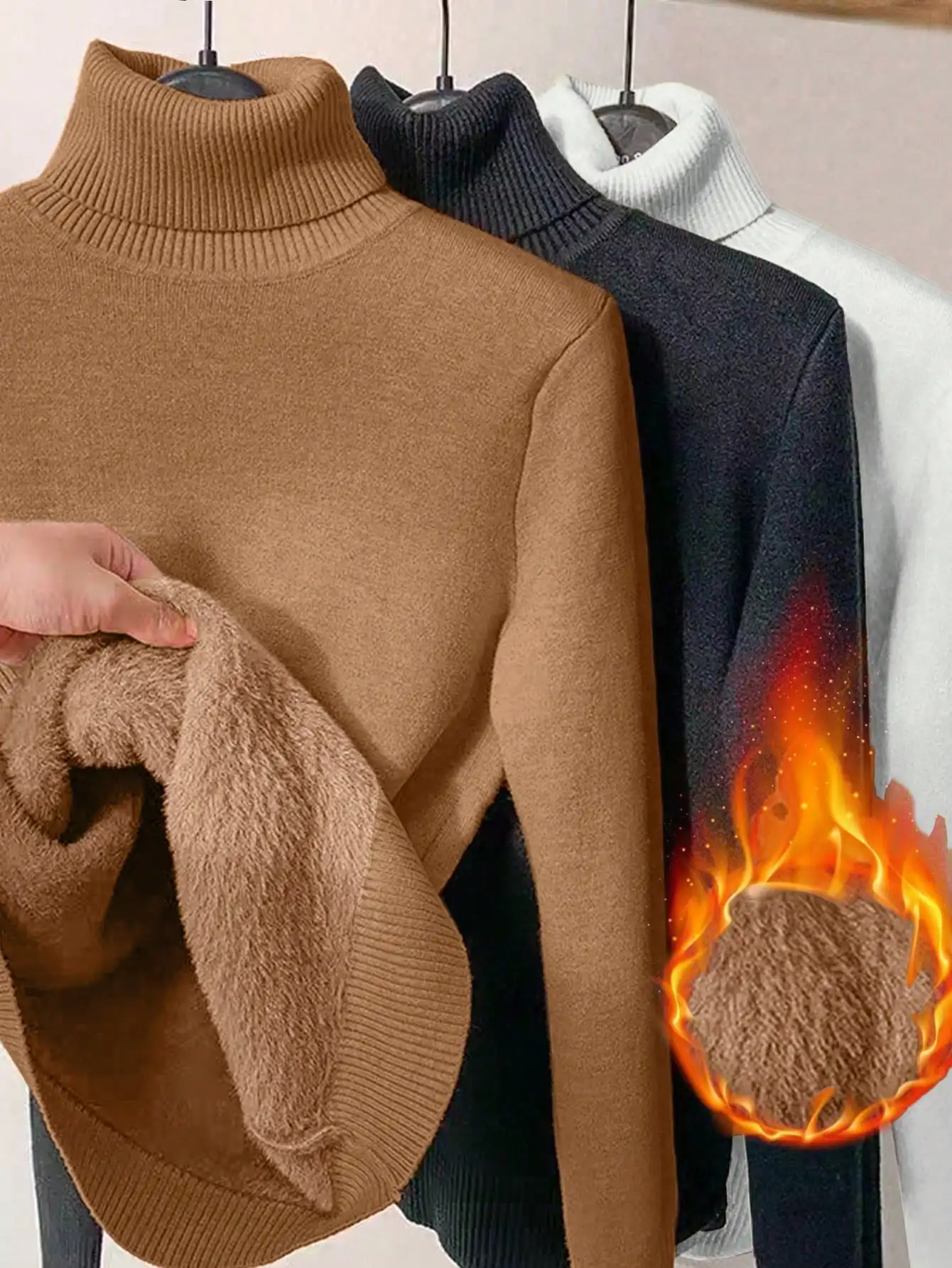 

3pcs Women's Thick Thermal Lined Ribbed Turtleneck Long Sleeve Sweater Set for Autumn Winter