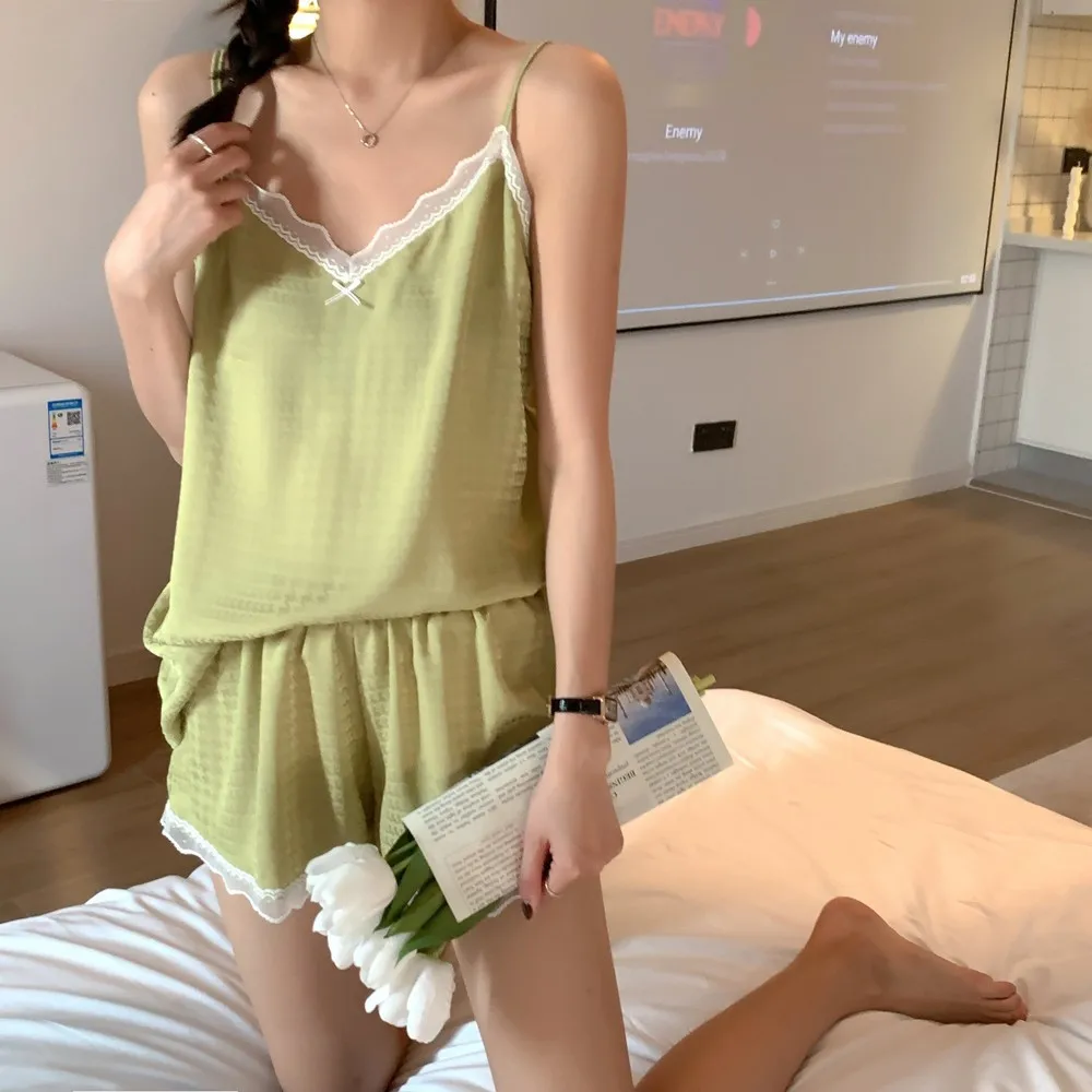 

Women's Sexy Silky Satin Lacr Trim Pajamas Sets Two Pieces Cami Shorts Sleepwear Casual Home Suit Sweet Girl Ice Silk Pyjamas