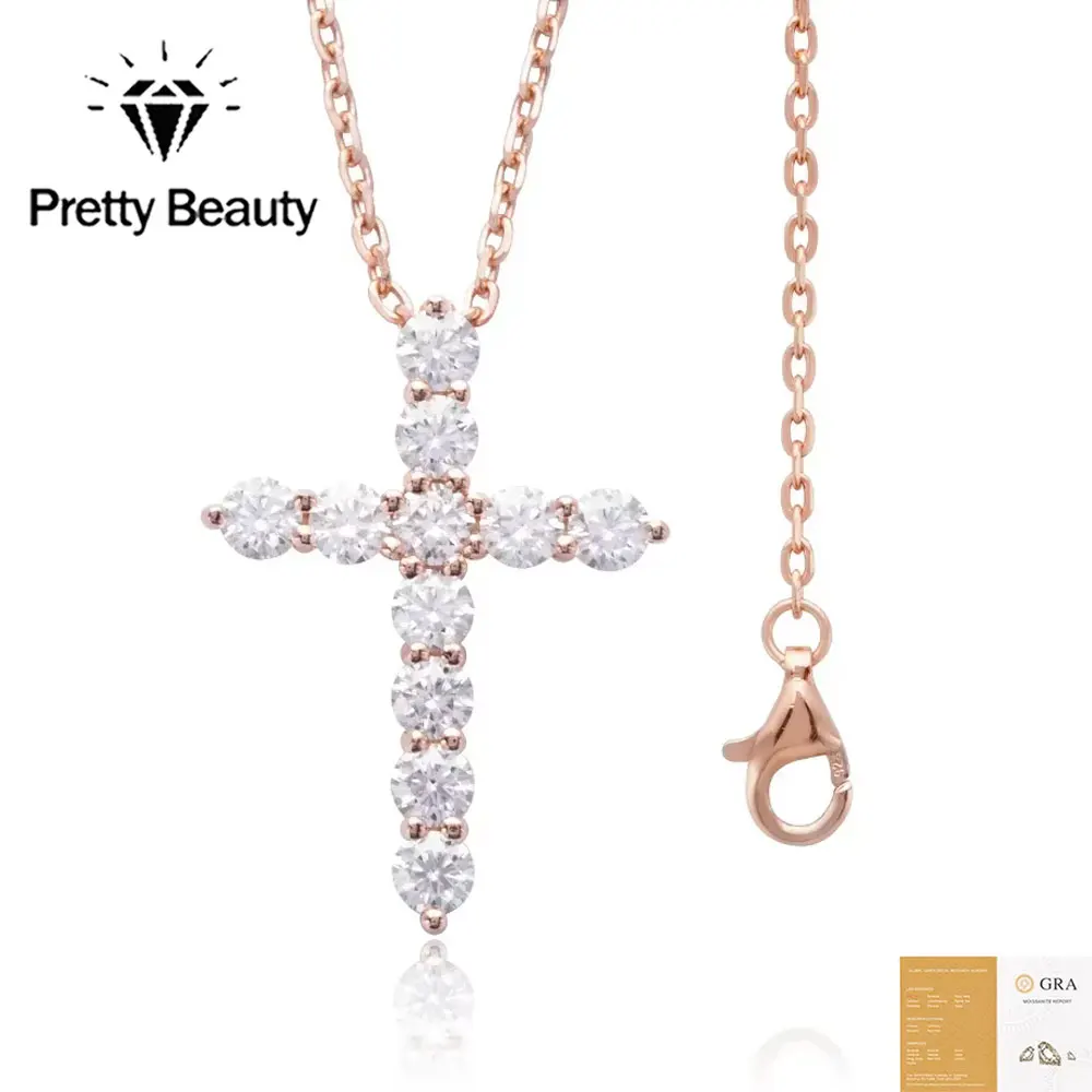 Pretty Beauty Moissanite Cross Necklace for Women 925 Sterling Silver Rose Gold Plated Cross Pendant Chain Religion Jewelry Gift