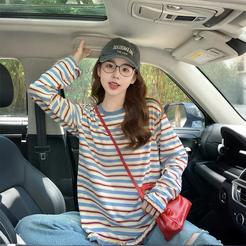 Vintage Striped Long Sleeve T-Shirt for Women, Casual Loose Fit Crewneck Top with Frayed Hem, Streetwear Daily Wear