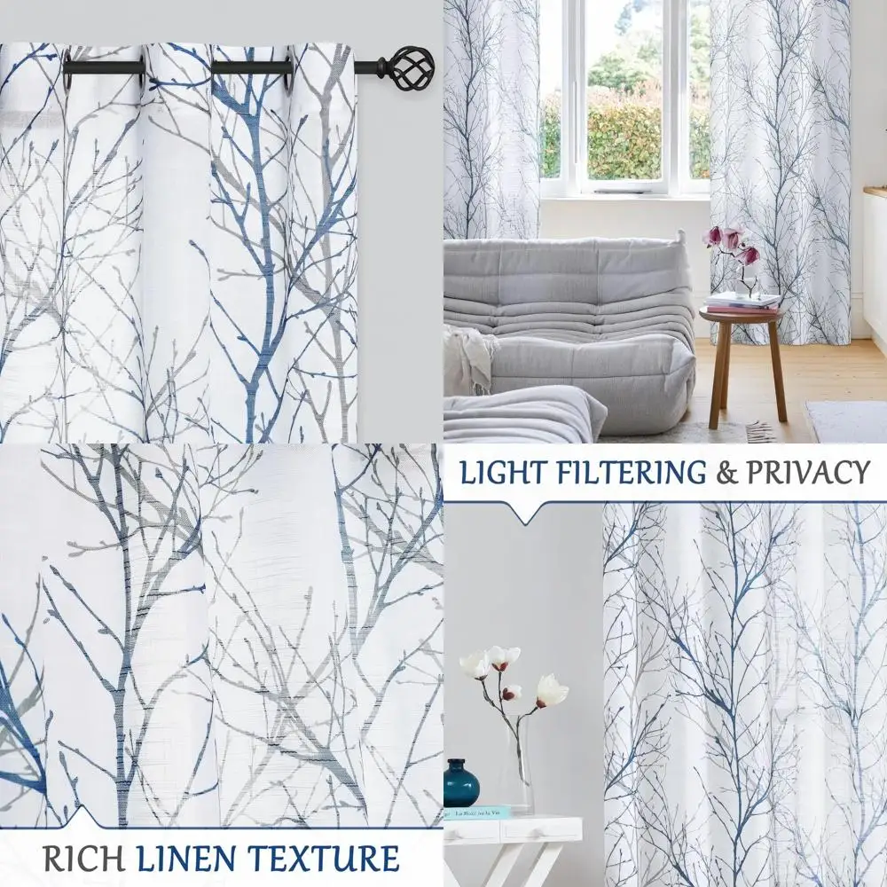 

Льняные полупрозрачные шторы с рисунком ветки серого дерева, длина 84, для спальни и гостиной, синие и белые тона