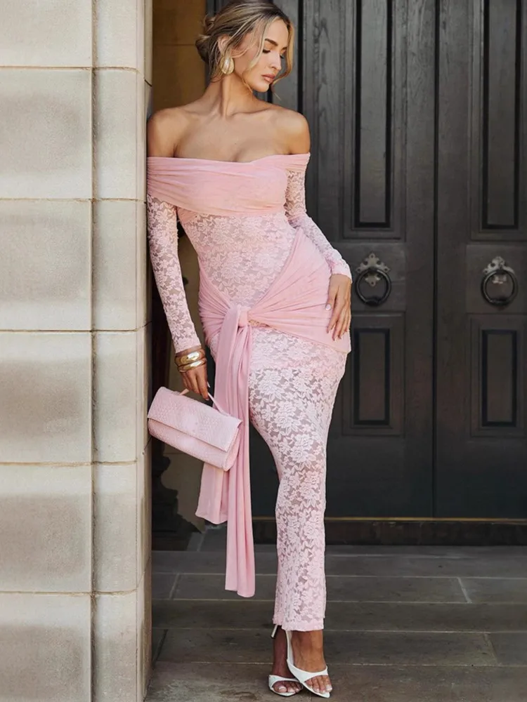 เดรสยาวทรงดินสอสีชมพู ผ้าลูกไม้ แขนยาว โชว์ไหล่ ดีไซน์เซ็กซี่ หรูหรา เหมาะสำหรับงานปาร์ตี้ยามเย็น ผ้าสเตรช กระชับรูปร่าง รุ่นใหม่ล่าสุด ปี 2025