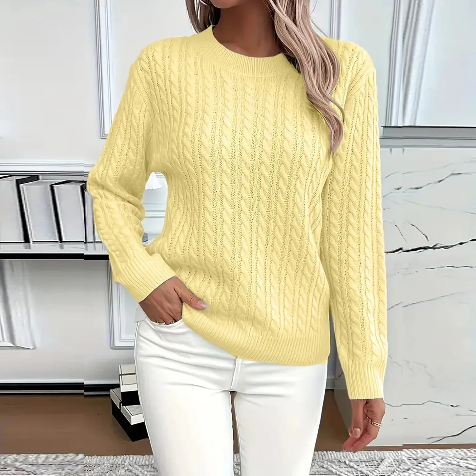 

Round Neck Pullover Fashionable Clothing Women'S Long-Sleeved Knitted Sweater Autumn And Winter Solid Color Bottoming Sweater