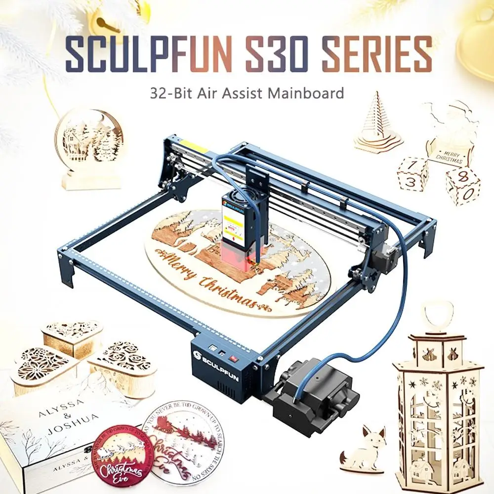 SCULPFUN-cortador de grabado láser S30 Pro MAX, placa base de 32 bits, asistencia de aire automática, enfoque láser, 5-20W, 0,06x0,08mm