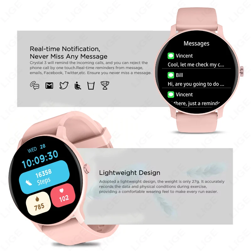 LIGE New Women Smart Watch Bluetooth Call Real-time Weather Forecast Women's Sport Watches Ladies Men Smartwatch For Android ios