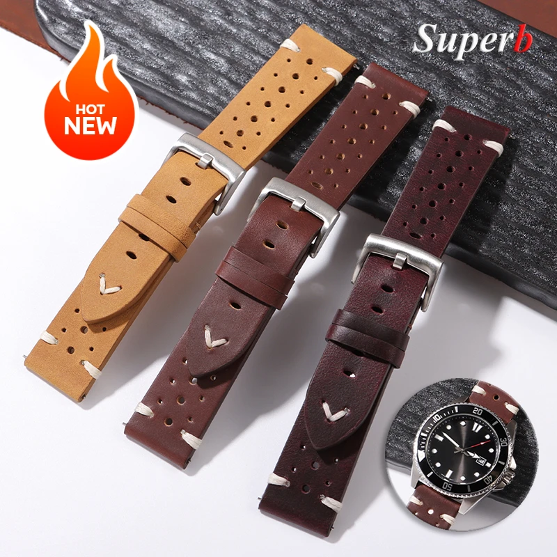 Oil Wax Cowhide Genuine Leather Watch Band 20mm 22mm Handmade Retro Strap Solid Steel Buckles for Men Women Breathable Bracelet