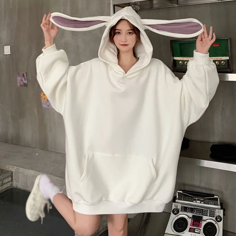 2024 New Autumn Kawaii Bunny Ear Long Sleeve Hooded Sweatshirt Women Sweet Lovely Rabbit Ear Hooded Tops Korean Style Fashion