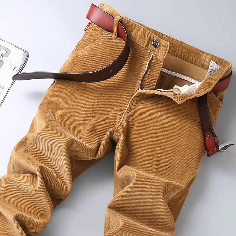 Cotton Corduroy Casual Pants Men's Autumn New Fashion Khaki Soft Slim Straight Business Elastic Trousers Male Clothes