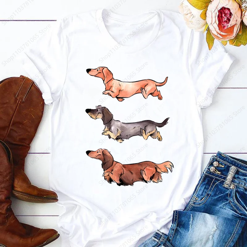 Dachshund Teckel Cute Dog T-shirt for Women Short Sleeve Casual Tops Ladies  Anime T Shirt Printed White T Shirt Women Tees