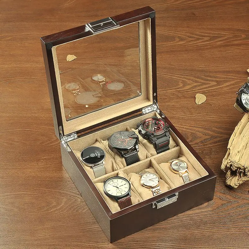 Wooden Watch Organizer Box 6 Slots Watch Collection Boxes Desktop Watches Storage Case Retro Men's Wrist Watches Display Cases
