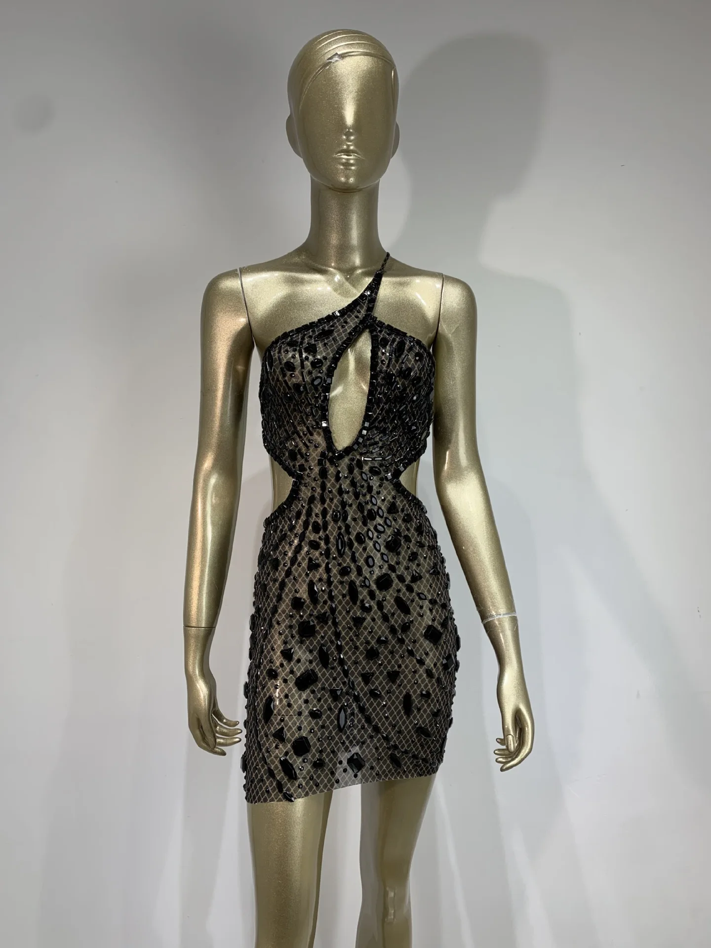 Women Sexy Short Dresses Daring One Shoulder Cut Out Backless Rhinestones Mesh Bright Bodycon Mini Dresses Evening Club Party