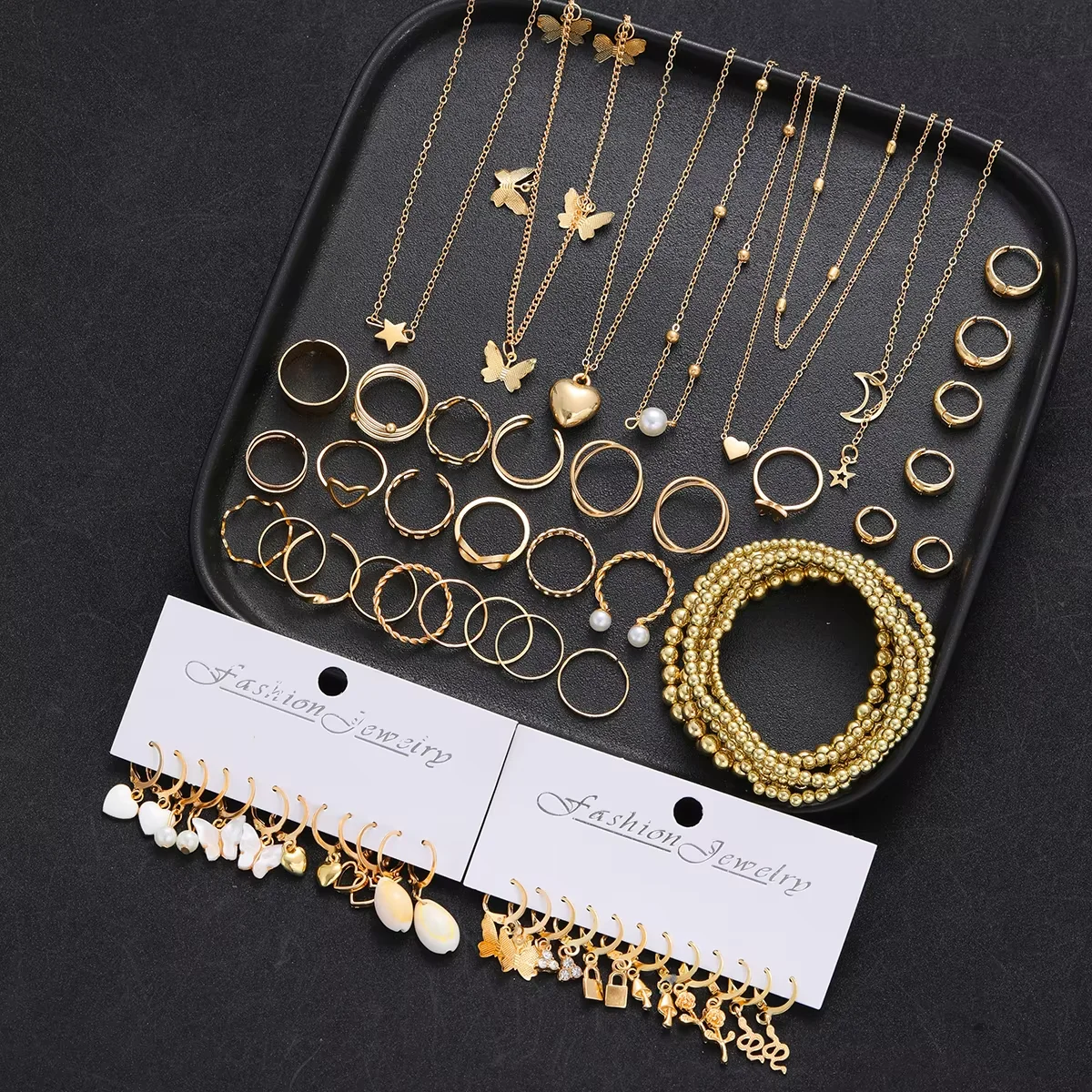 65Pcs Vintage Boho Gold Color Jewelry Set For Women Fashion Butterfly Star Heart Pearl Zircon Earring Ring Necklace Bracelet Set view 4