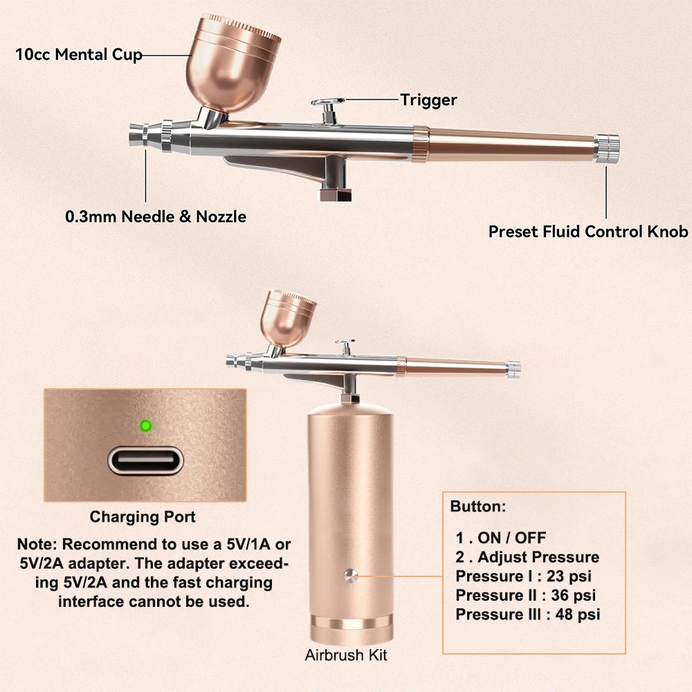 Rechargeable Airbrush Nail Kit with Compressor Portable Air Brush for Nails Art Painting Cake Tattoo Crafts Spray Face Beauty