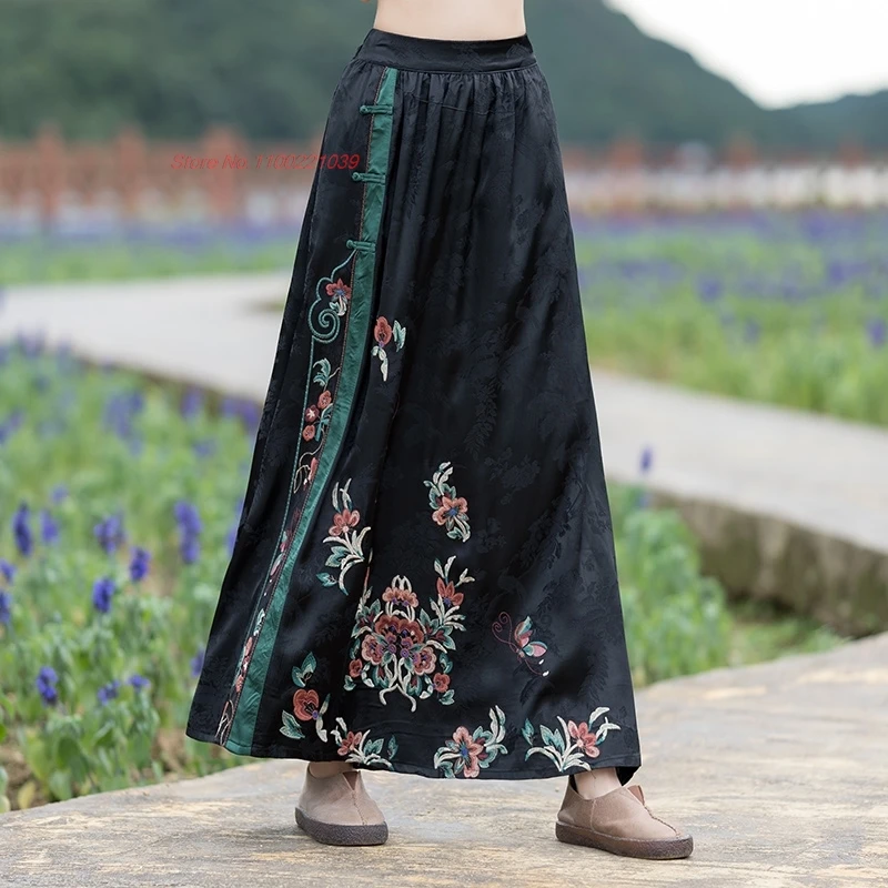 

2025 chinese vintage skirt national flower embroidered satin jacquard skirt oriental traditional elastic waist folk a-line skirt