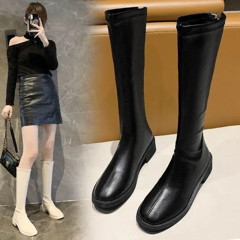 

Women's Slim Long Boots Flat Bot Elastic Net Square Head Tube Boots Autumn Winter New Sle Faion Boots Korean Sle