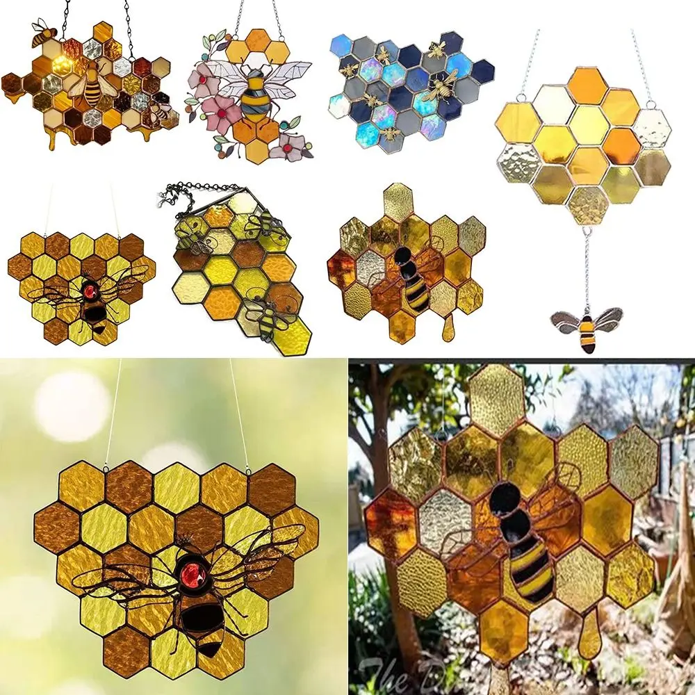 1PC Honeycomb Hanging Ornament Cartoon Bee Sun Catcher Farmhouse Garden Yard Acrylic Home Decorations Window Sunshade Novelty