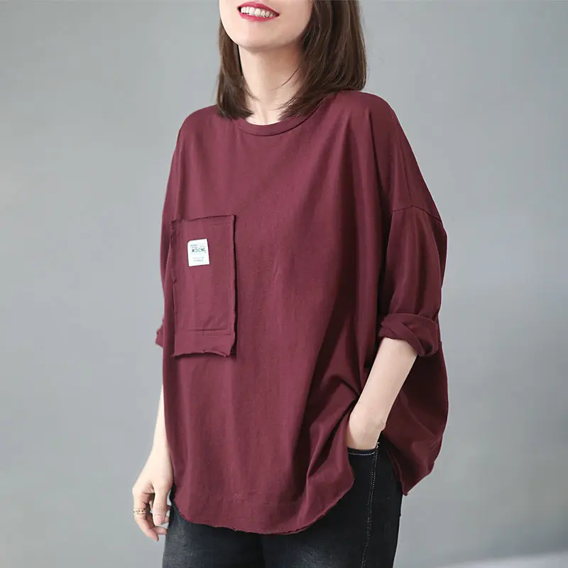 Solid T Shirts Korean Casual Loose Spring New Long Sleeve Pocket Patchwork Simplicity Tops Tees Vintage Fashion Women Clothing