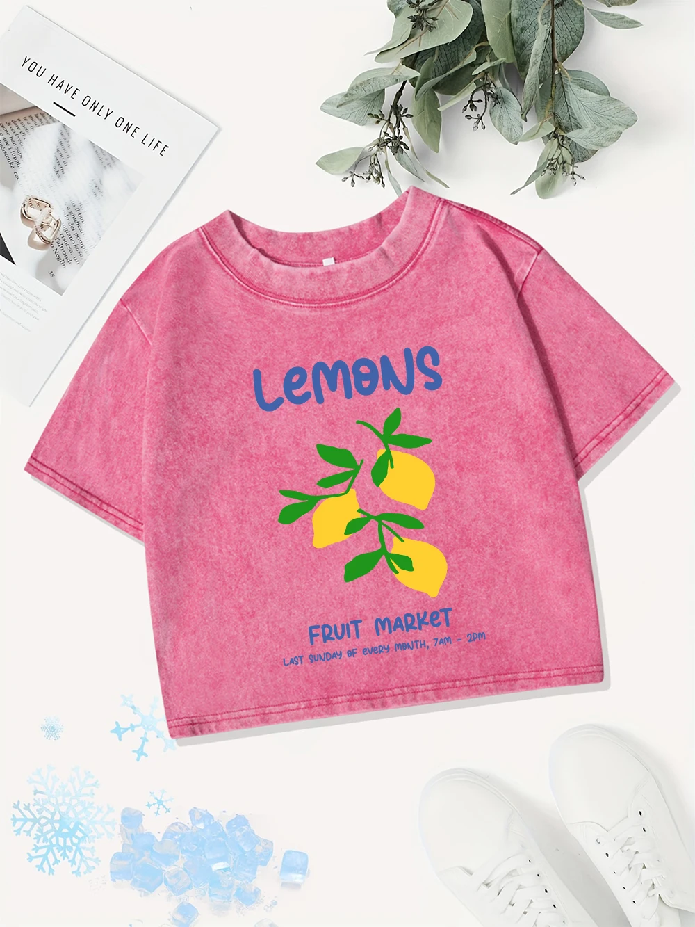 Casual Cotton Crop Tops Women Lemons Fruit Market Printed Washed T-Shirts Summer O-Neck Regular Fit Streetwear Street Clothes
