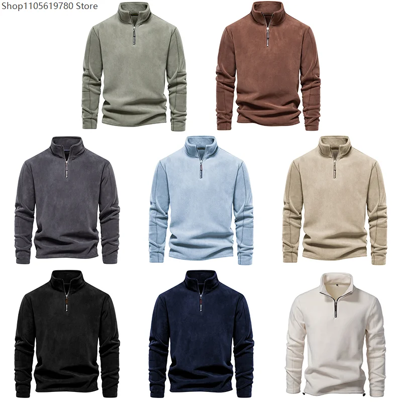 Men Autumn Winter Sweaters Standing Collar Semi-zipper Long Sleeve Sweatshirt  Polar Fleece Jacket Pullover Tops