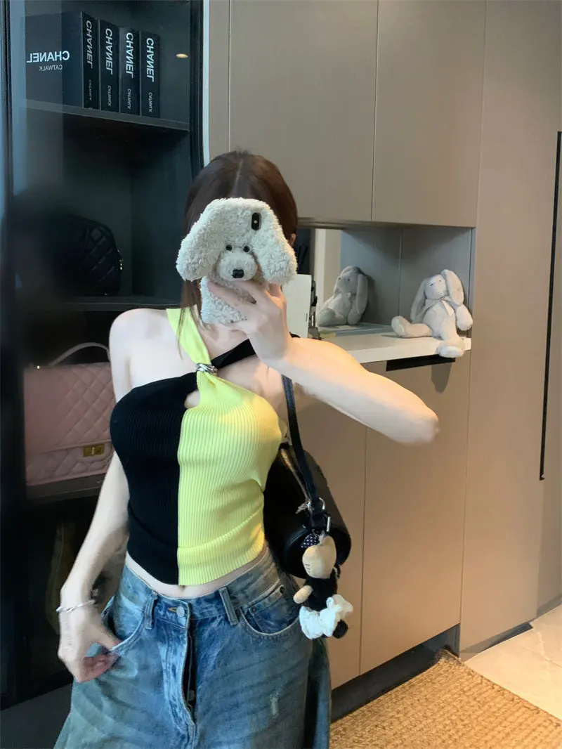Women's Black Halter Tank Top Y2K Gyaru Patchwork Cropped Top Vacation Style Vintage Sleeveless Off Shoulder Vest Summer 2026