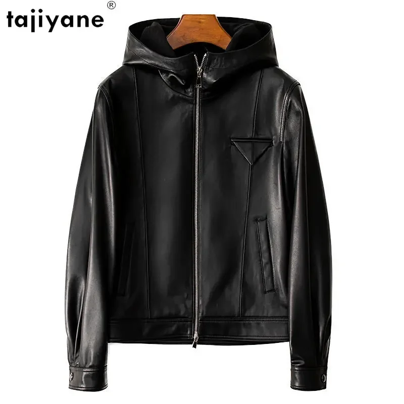 Tajiyane 여성용 진짜 가죽 재킷, 2023 캐주얼 100%, 리얼 양가죽 코트, 후드 블랙 스트리트웨어
