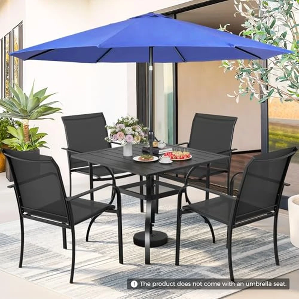 6 Pieces Patio Dining Set with Dark Blue Umbrella Outdoor Dining Set of 4 Textilene Chairs and Square Table with