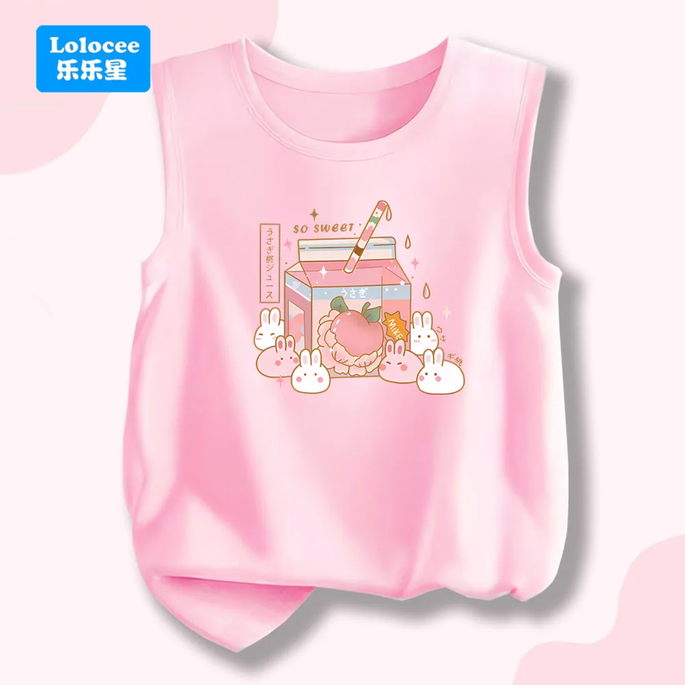 Summer Kids Cotton Tank Top Kawaii Bunny & Peach Milk Graphic Tank Tops Girls Funny Vests Cartoon Girs Sleeveless Tees YLZH1