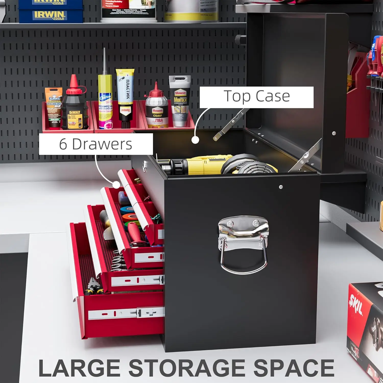#￥forJINFENG 6 Drawer Iron Lockable Tool Chest with Ball Bearing Runners Portable Toolbox 600x260x390mm Powder Coated Red Garage