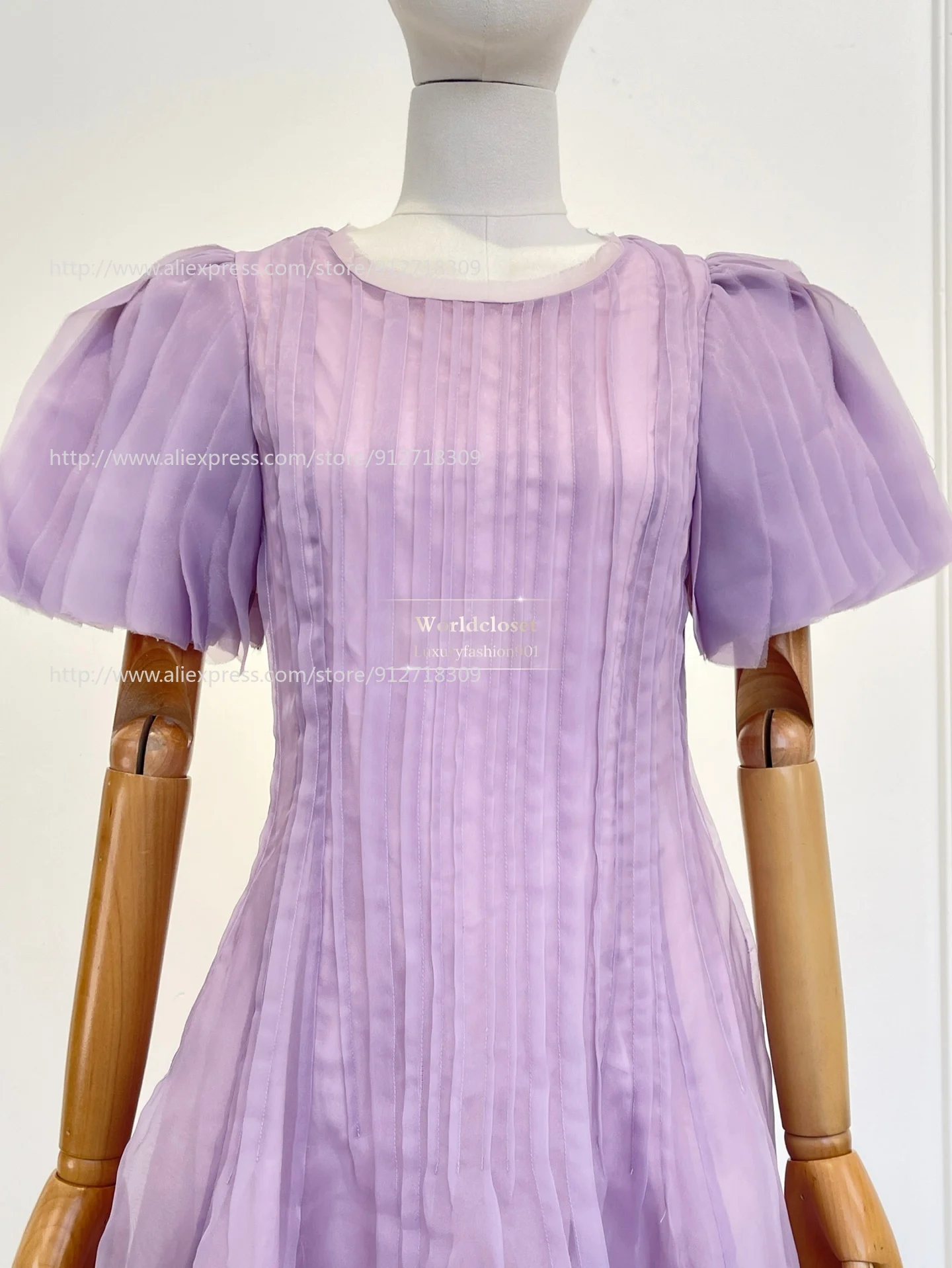 

2026 New Elegant Violet Purple Short Sleeve Pleat Midi Dress for Women