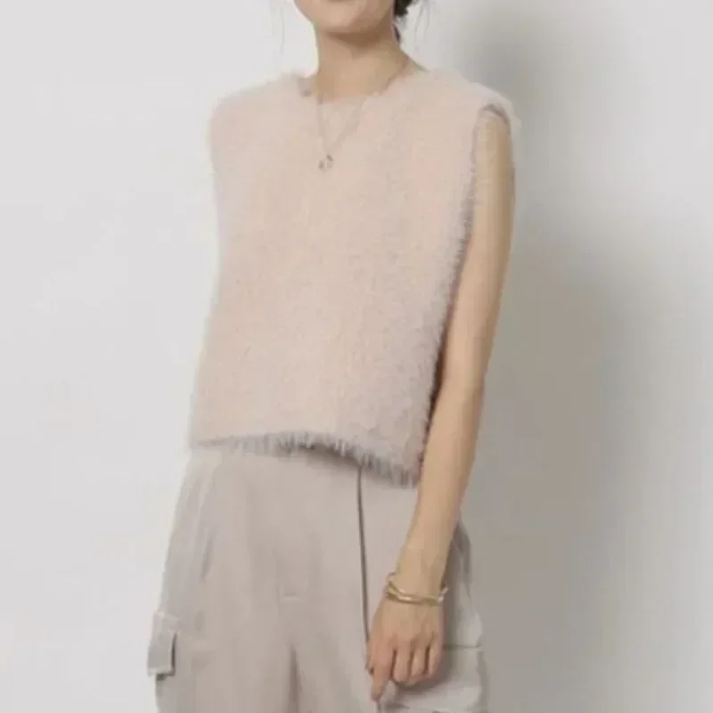 V Neck Plush Sweater Vest Japan Office Lady Sleeveless Tops Spring Single Breasted Clothes Women Basic Elastic Knitted Tanks