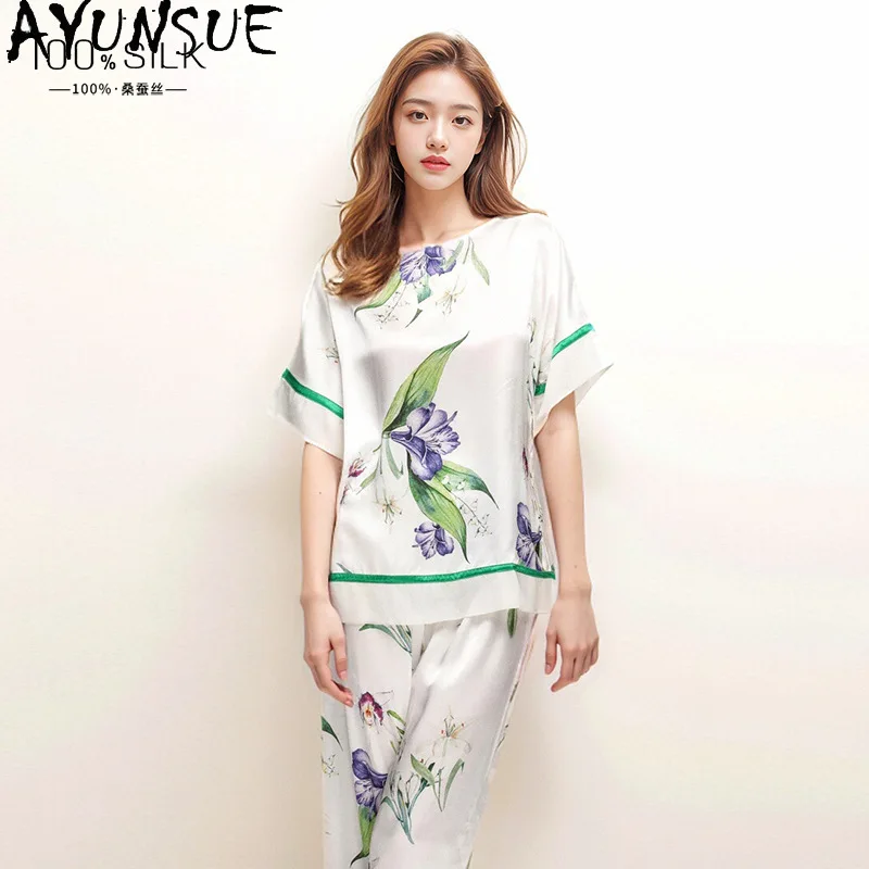 

AYUNSUE 100% Silk Pajamas for Women Summer Womens Matching Sets Short Sleeve Tops Long Pants Casual Sleepwear Woman Clothes 잠옷