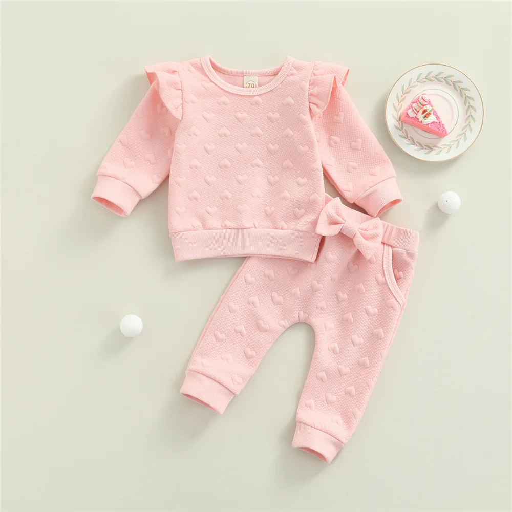 0-24Months Newborn Baby Girls Clothes Set Cute Pink Heart Print Ruffle Long Sleeve Tops Solid Color Front Bowknot Trousers