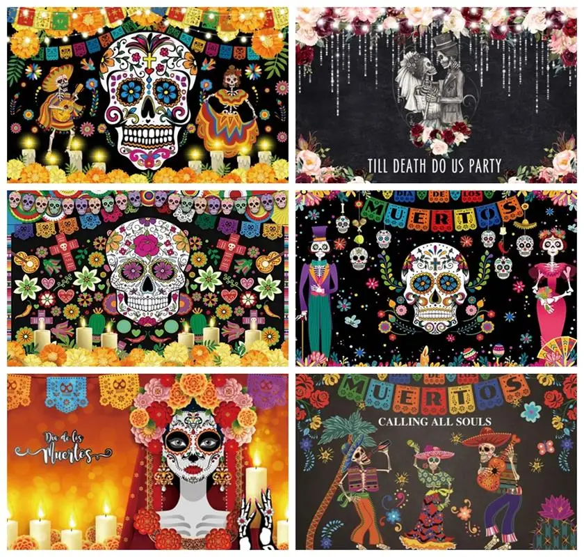 

Laeacco Day of The Dead Dia DE Los Muertos Backdrop Mexican Sugar Skull Flower Dress-up Fiesta Portrait Photography Background