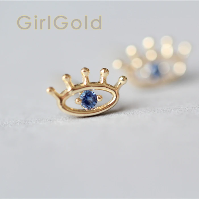 GOLDtutu Blue Eye Crystal Stud Earring for Women, Minimal, Simple Style, Mini, 9k Solid Gold, Gift, kj13