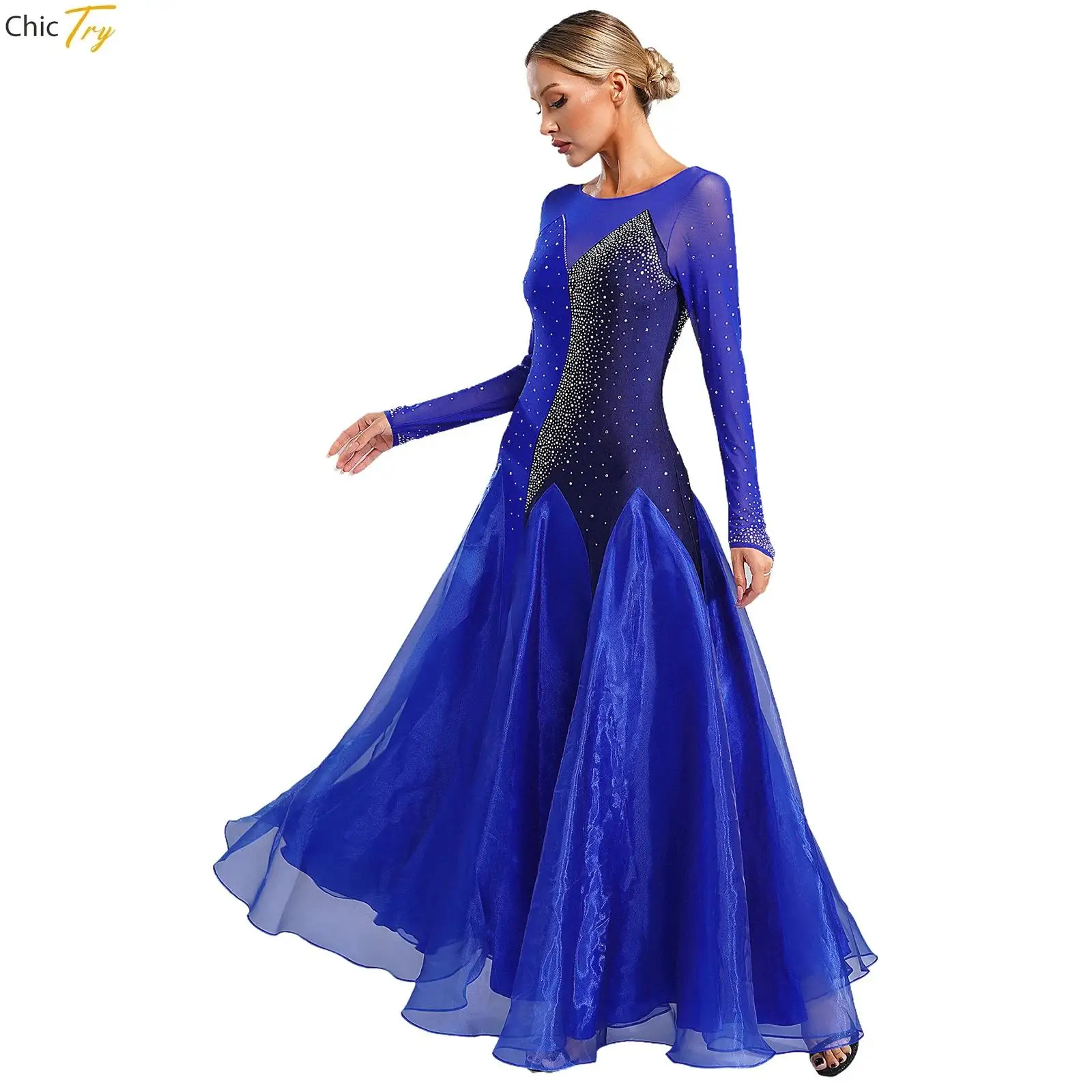 Women Ballroom Dance Competition Dress Ballroom Rhinestone Ball Gown National Waltz Dress Rumba Dance Performance Costumes