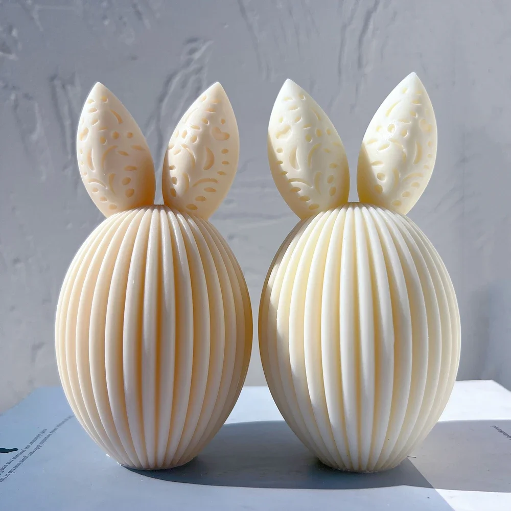 Ribbed Egg Rabbit Ear Candle Mold For Easter Decor Aesthetic Silicone Mould Geometric Striped Soy Wax Mold