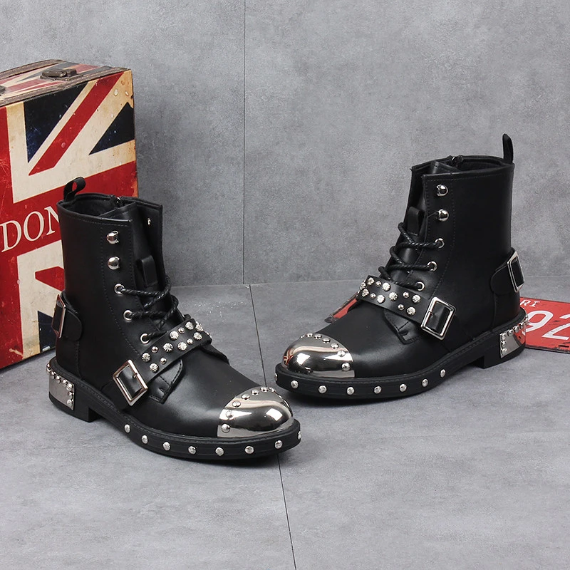 mens fashion punk gothic high motorcycle boots black designer rivets shoes cowboy natural leather boot long platform cool botas
