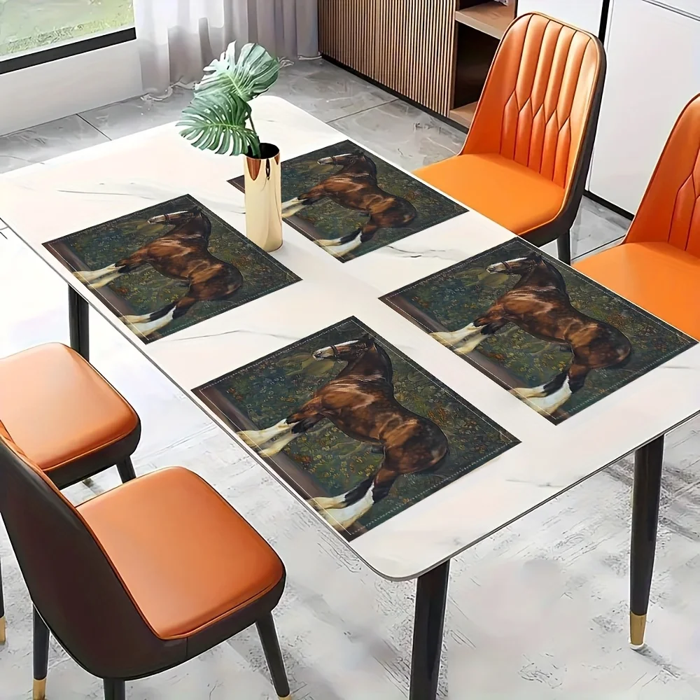 Horse Art Print Linen Placemat Set Rustic Farmhouse Table Mats For Dining Room Decor Country Style Kitchen Accessories Heat