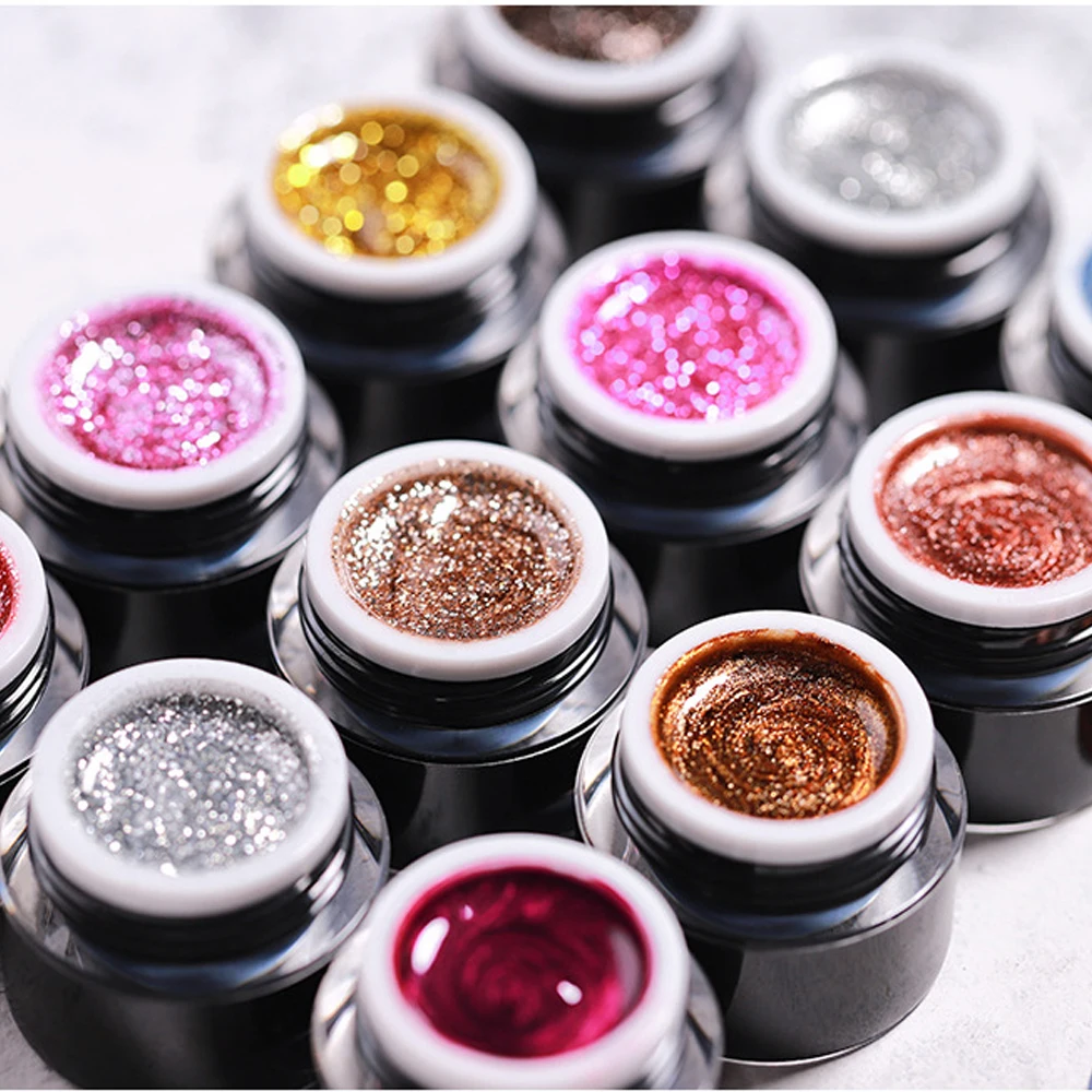 Vendeeni 12 สี/ชุดทองเงินสีแดงที่มีสีสันโลหะผงเจลเล็บ UV LED Glitter ภาพวาดเล็บเล็บ