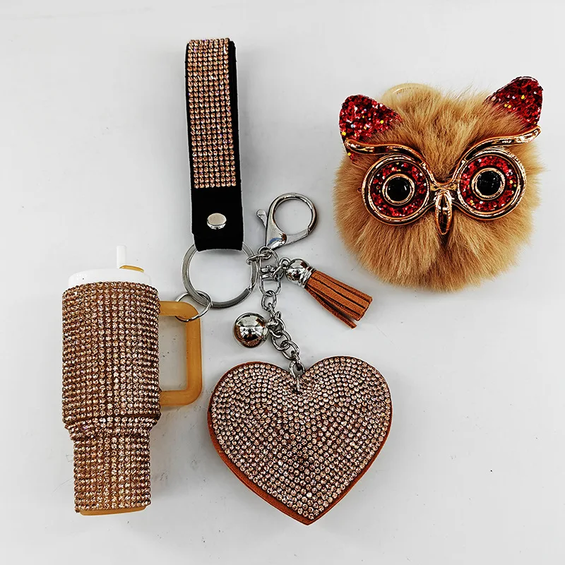 4pcs Fashionable Diamond-encrusted Ice King Lipstick Set with Owl Keychain and Fur Ball Pendant