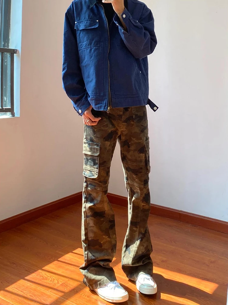 

American High Street Vibe Camouflage Workwear Jeans Men's CleanFit Slim Leg Lengthening Straight Leg Micro Flared Pants