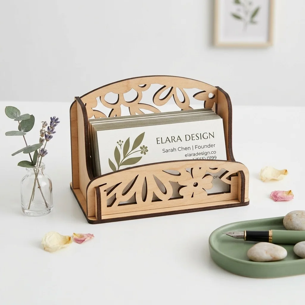 Ins Creative Flowers Hollowed-out Wooden Business Card Box Business Office Front Desk Business Card Holder Storage Tidying Box