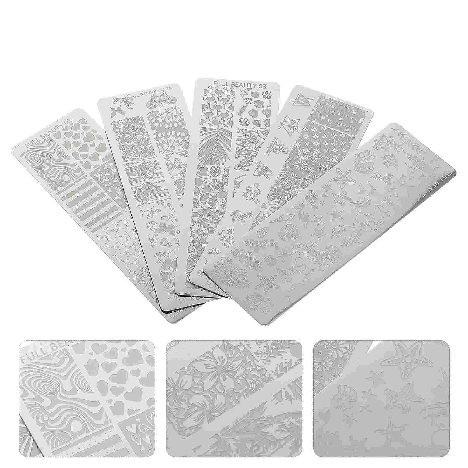 5 Pcs Nail Transfer Printing Plate Stamper Templates Unique Manicure stencil Polish bretelle Kit immagini Stamping timbri