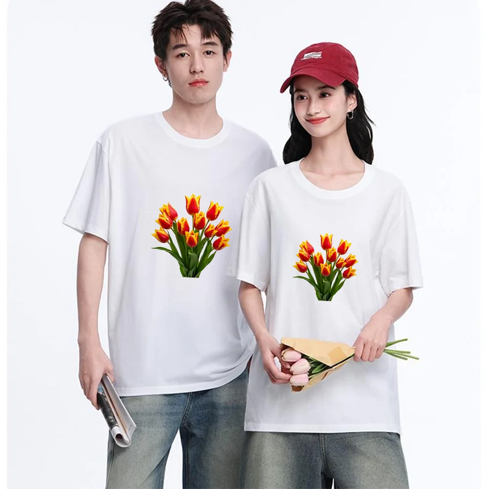 Red Yellow Tulip Flowers Printed T Shirt Breathable Fabric S-XXL Personalized Custom Aesthetic Graphic Top Unisex Fit Casual Sho